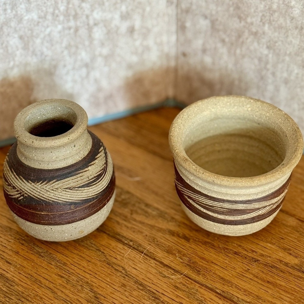 Signed Studio Pottery Mini Bud Vases Set 2 Earth Tone Rustic Ceramic Boho Decor